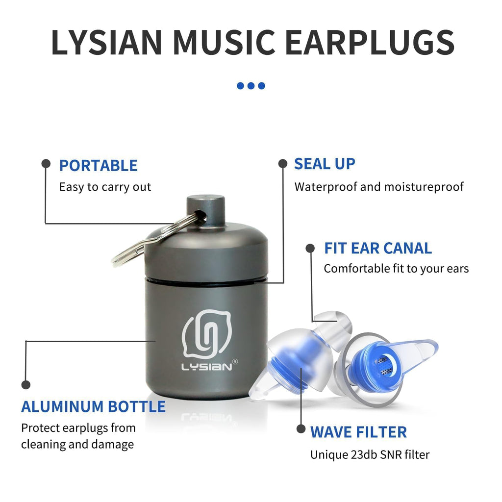 LYSIAN High Fidelity Concert Ear Plugs for Music- 2 Pairs Reusable Musicians Earplugs for Noise Cancelling, Concert Festivals, Drummers, DJS, Raves, Games -23dB