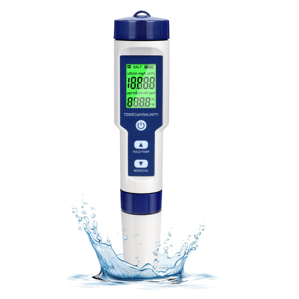 GuDoQi Digital PH Meter, 5 in 1 Water Quality Tester with Backlight, PH/TDS/EC/Salinity/Temp Meter with ATC, 0.01 Resolution High Accuracy Pen Type Tester, for Aquarium, Spas, Drinking Water