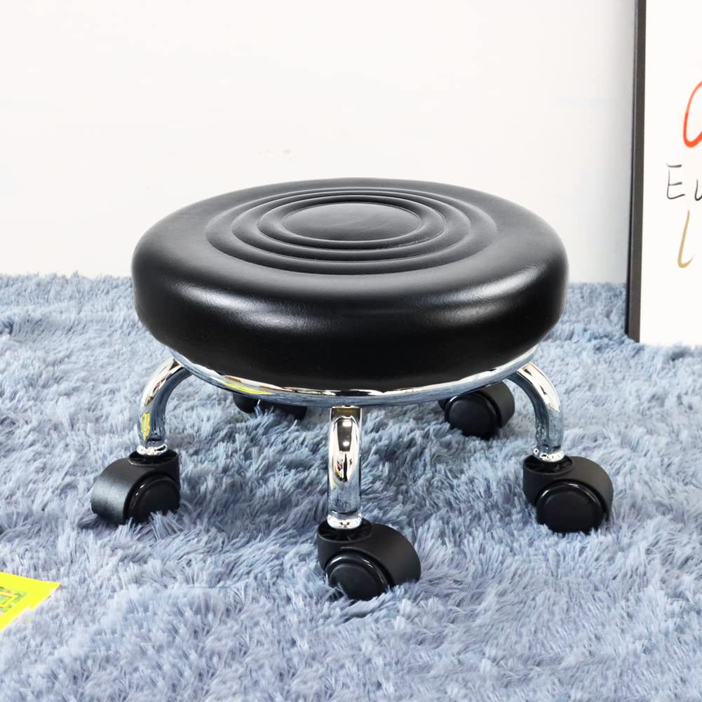 WKWKER Modern Roller Seat PU Leather Low Round Rolling Stool 360° Swivel Small Stool with Universal Caster Wheels Foot Stool for Home Office Garage Shop Fitness Sport H：8.4" （Black）