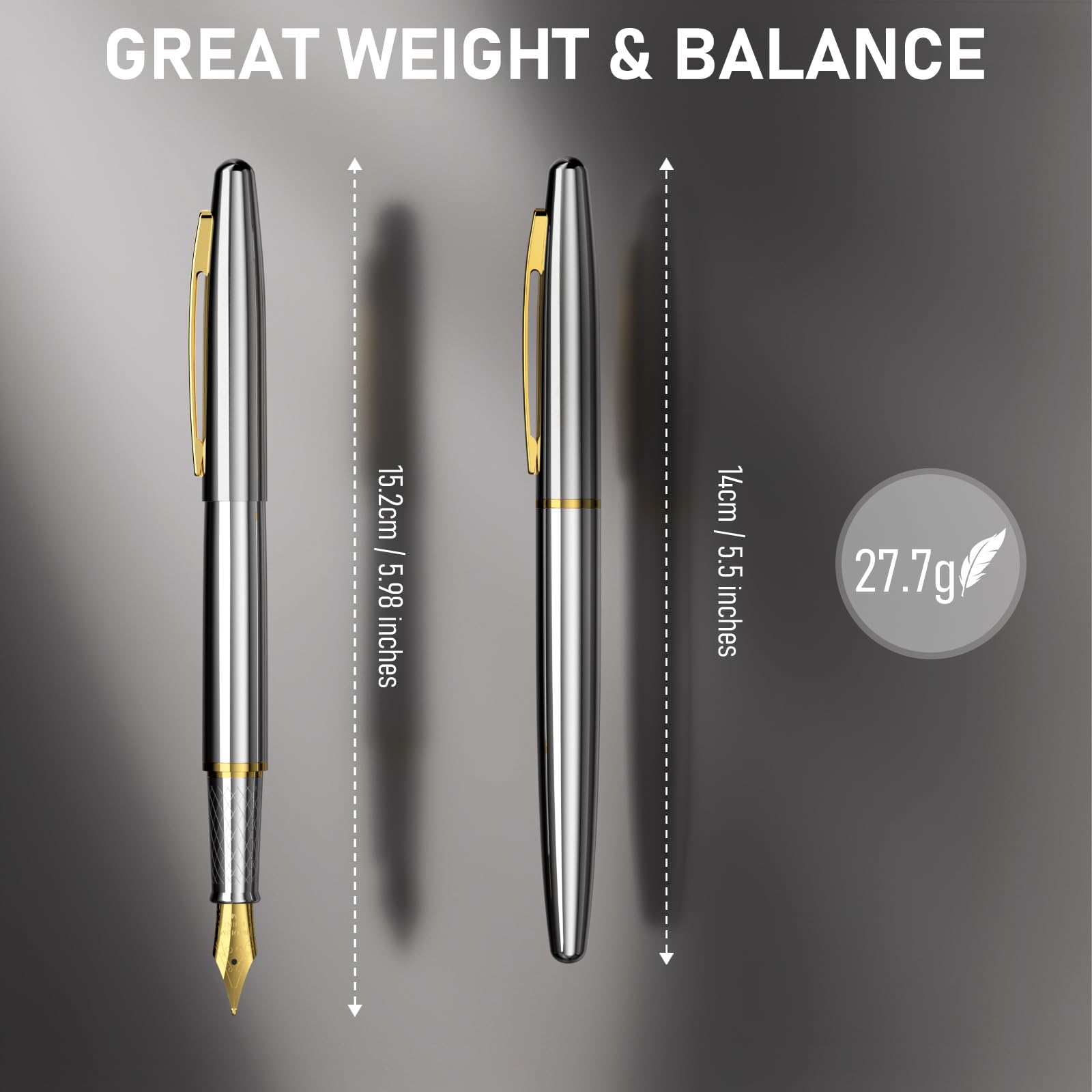 Nicpro Fountain Pen Set with Box, Classic Silver-Gold Fancy Pen with Converter, 0.7mm Medium Nib Smooth Writing Calligraphy, Office, Business, Luxury Gift Pen