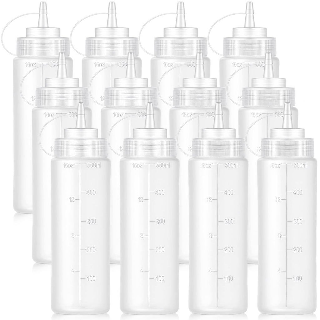 Bekith 12 Pack 16 Oz Plastic Squeeze Condiment Bottles with Twist On Cap Lids and Discrete Measurements, Wide Mouth Empty Squirt Bottle for Sauce, Ketchup, BBQ, Dressing, Paint, Pancake Art Dispenser