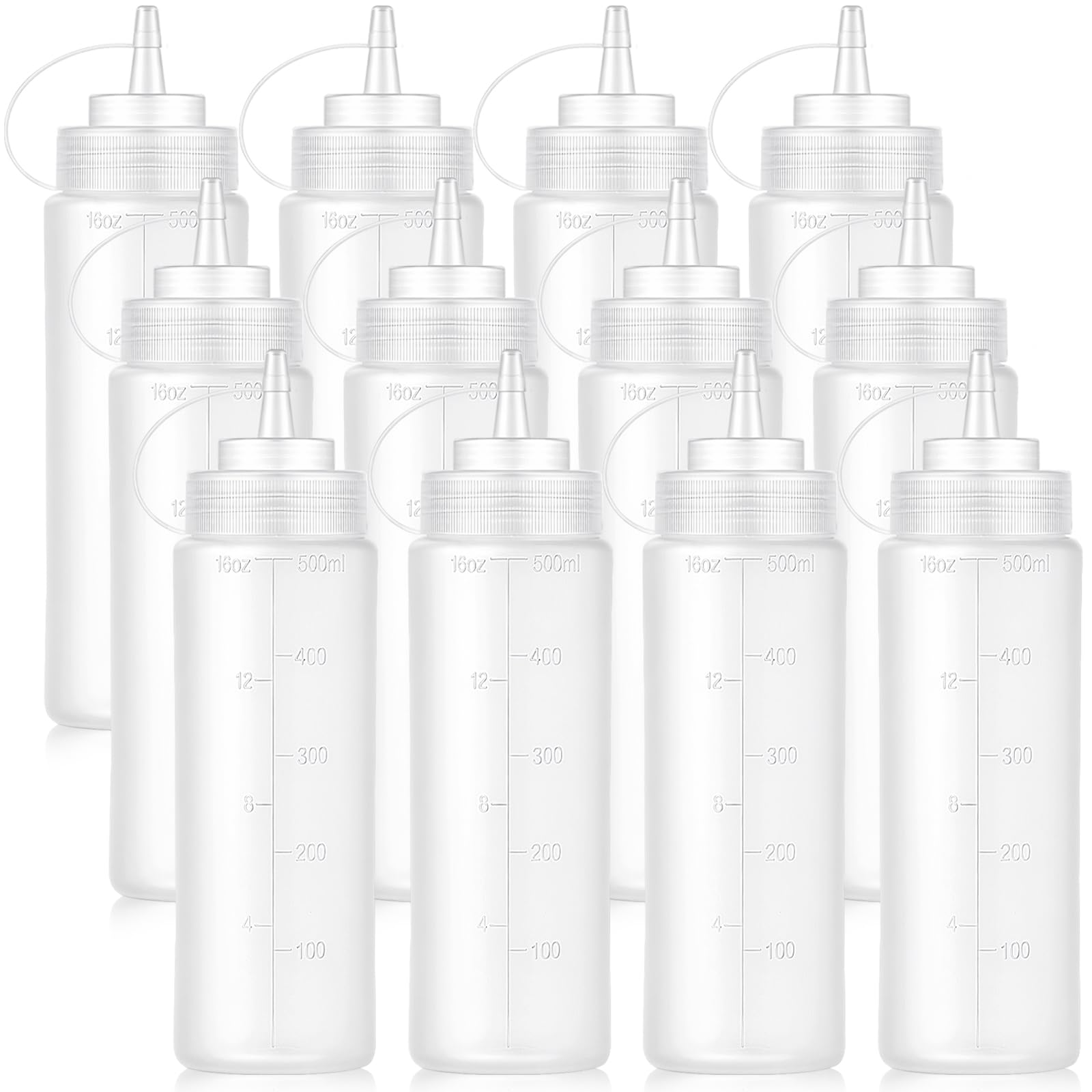 Bekith 12 Pack 16 Oz Plastic Squeeze Condiment Bottles with Twist On Cap Lids and Discrete Measurements, Wide Mouth Empty Squirt Bottle for Sauce, Ketchup, BBQ, Dressing, Paint, Pancake Art Dispenser