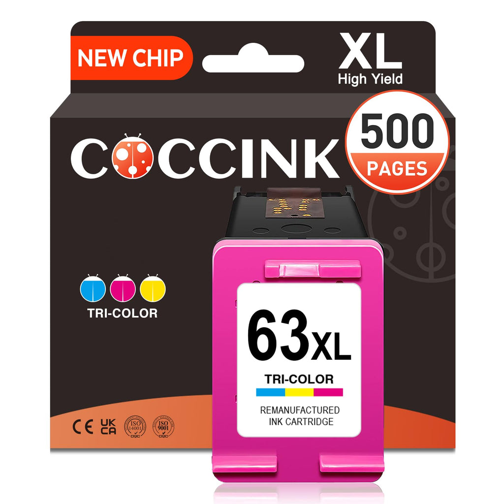 COCCINK 63XL Colour Ink Cartridge for HP Officejet 4650 3830 5258 5200 4652 5222 Envy 4520 4510 4512 4516 4522 Deskjet 3630 3632 3637 1112 Printers Work with HP Ink 63 XL Printer Ink 1 Color