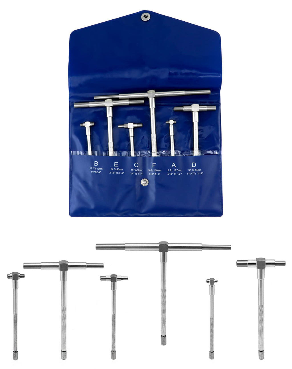 QWORK 5/16" to 6" Telescopic Gauge Bore Gauge, 6 Pack Hole Gauge Set, Premium Steel T-Bore Hole Gauges Set, Measurement Tool, Telescoping Full Round Bore Gauge