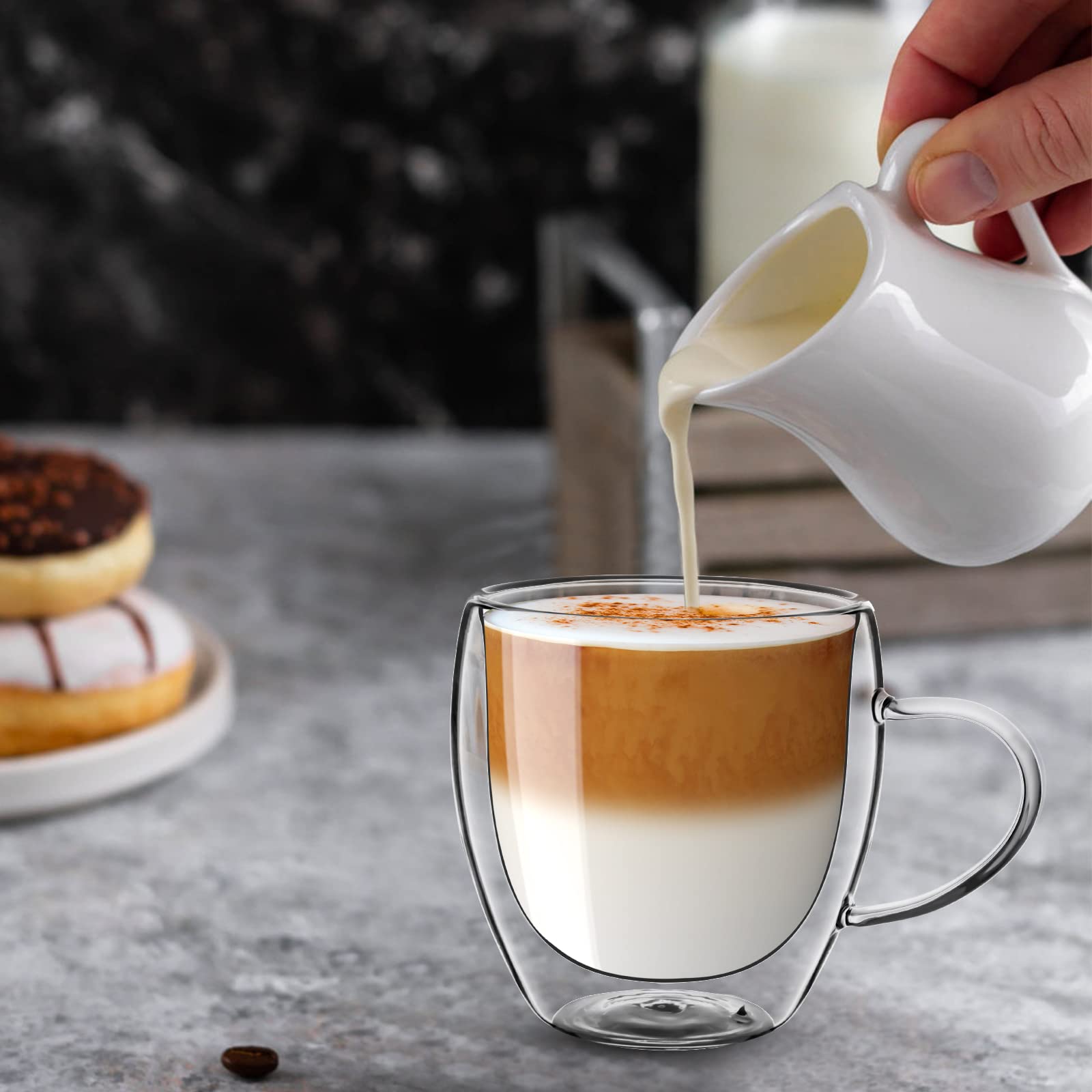 Dyserbuy 4 Pack Cappuccino Glass Mugs, Double Wall Insulated Glass Coffee Mugs with Handle, Drinking Glasses Cups, Perfect for Cappuccino, Latte, Espresso, Tea, Juice, Beverage (250ml/ 8.5oz)