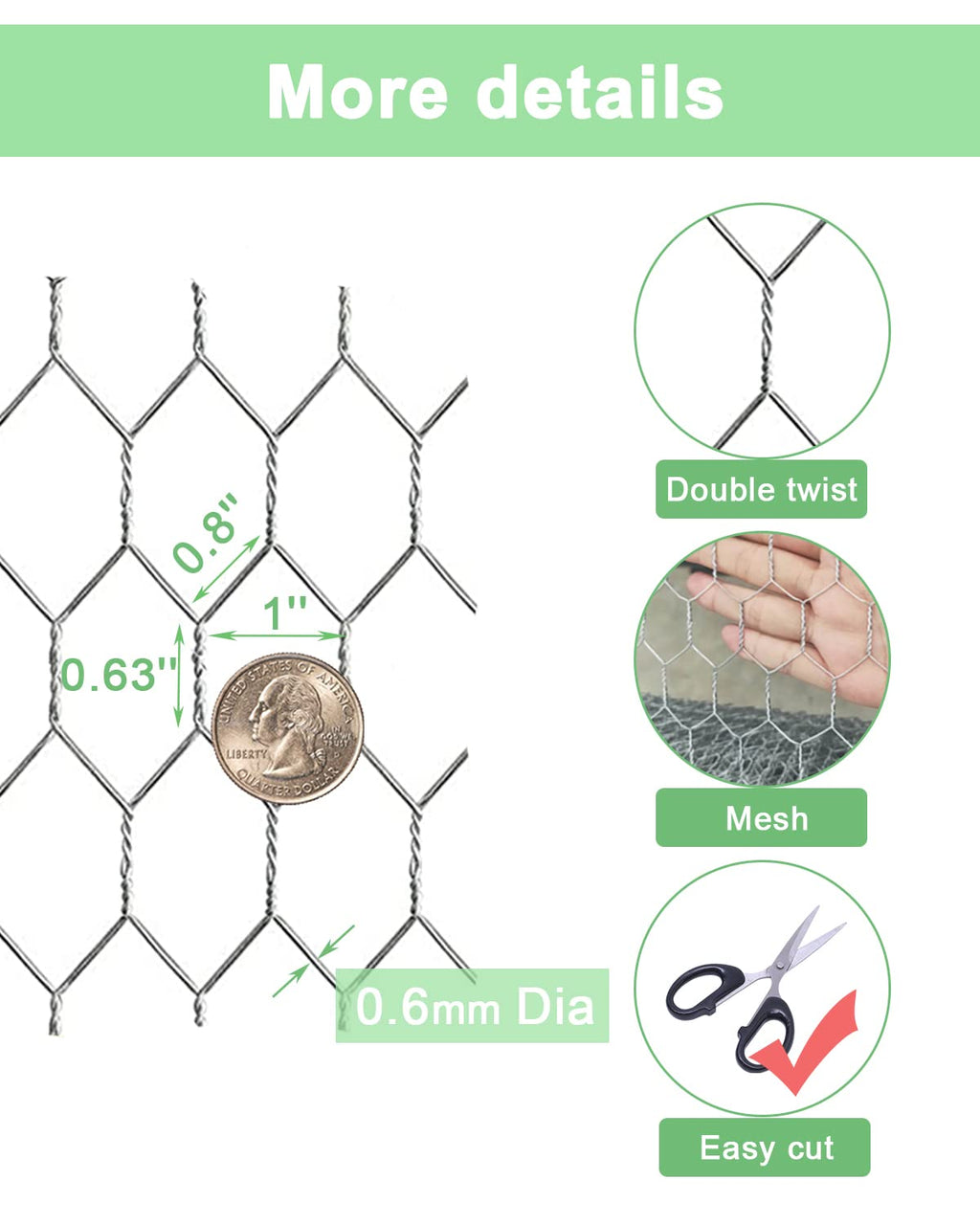 vnesovo Galvanized Chicken Wire Mesh - 16.5 in×33 FT Garden Animal Barrier Fence, 1 inch Mesh Fence for Pet,Rabbit,Poultry