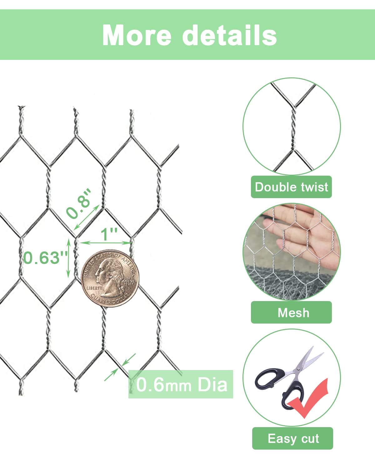 vnesovo Galvanized Chicken Wire Mesh - 16.5 in×33 FT Garden Animal Barrier Fence, 1 inch Mesh Fence for Pet,Rabbit,Poultry