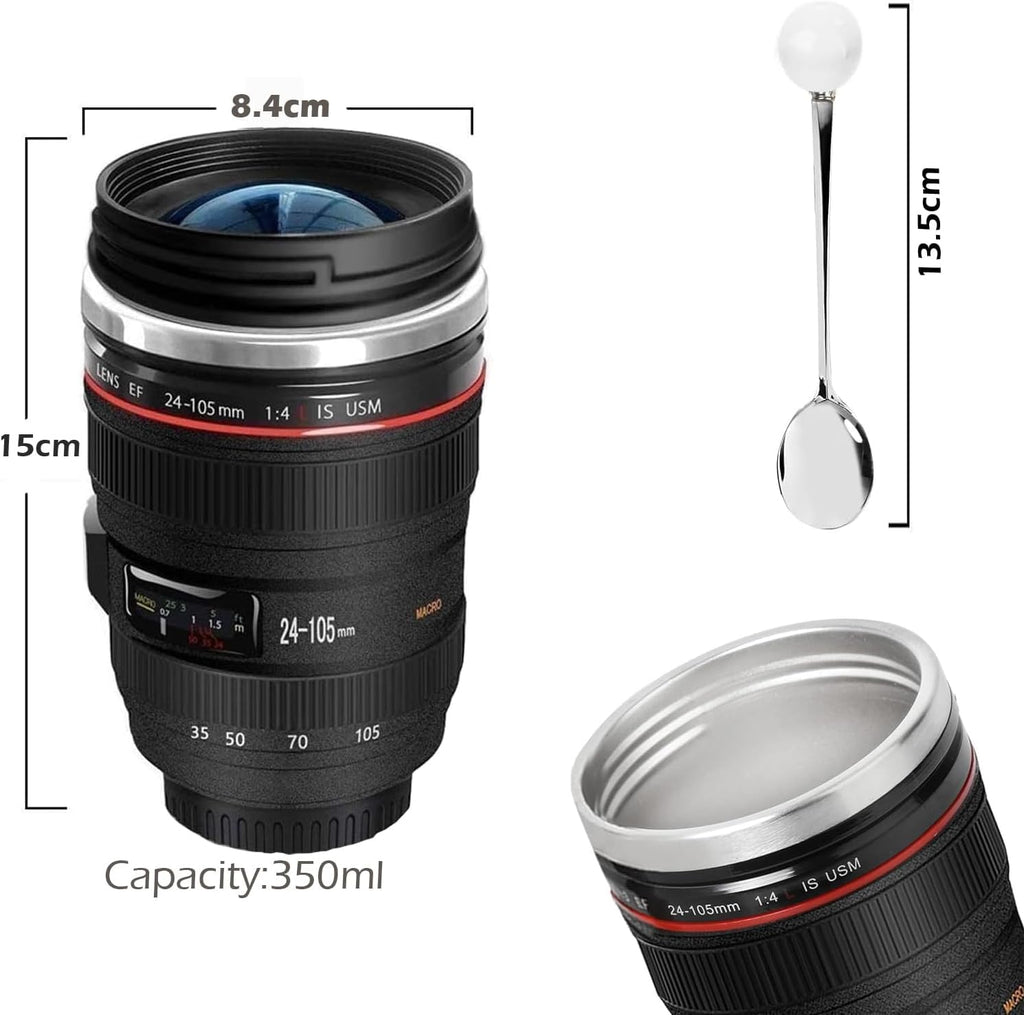 Camera Lens Coffee Mug 350ml Tumbler with Transparent Lid,Black
