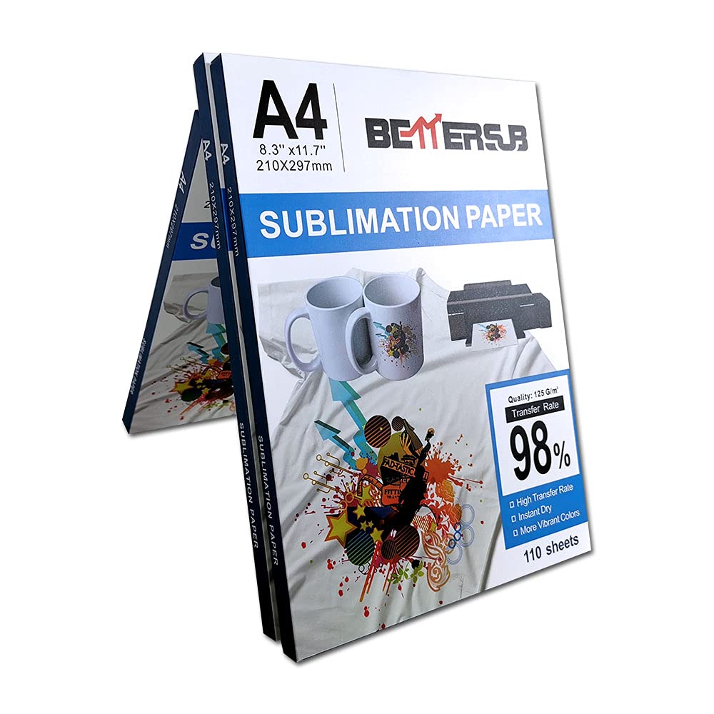 BetterSub Sublimation Paper Heat Transfer Paper 110 Sheets A4 Size 8.29" x 11.7" for EPSON HP Canon Inkjet Printer with Sublimation Ink for Light Color Shirts Hat Cap Mug 120gsm