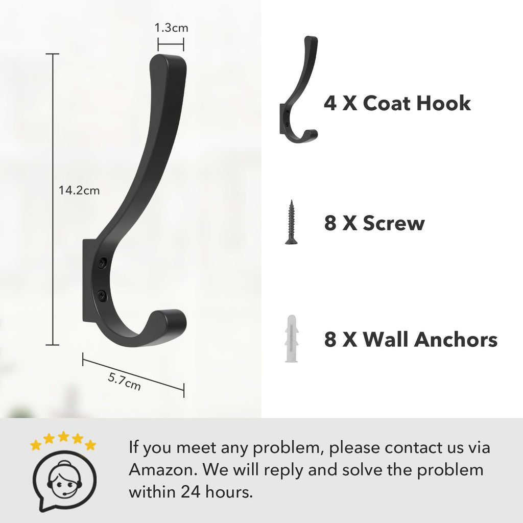 6 Pack Large Heavy Duty Coat Hooks, Black, Screw in Metal Wall Hooks for Hanging Coats, Backpacks, Purses