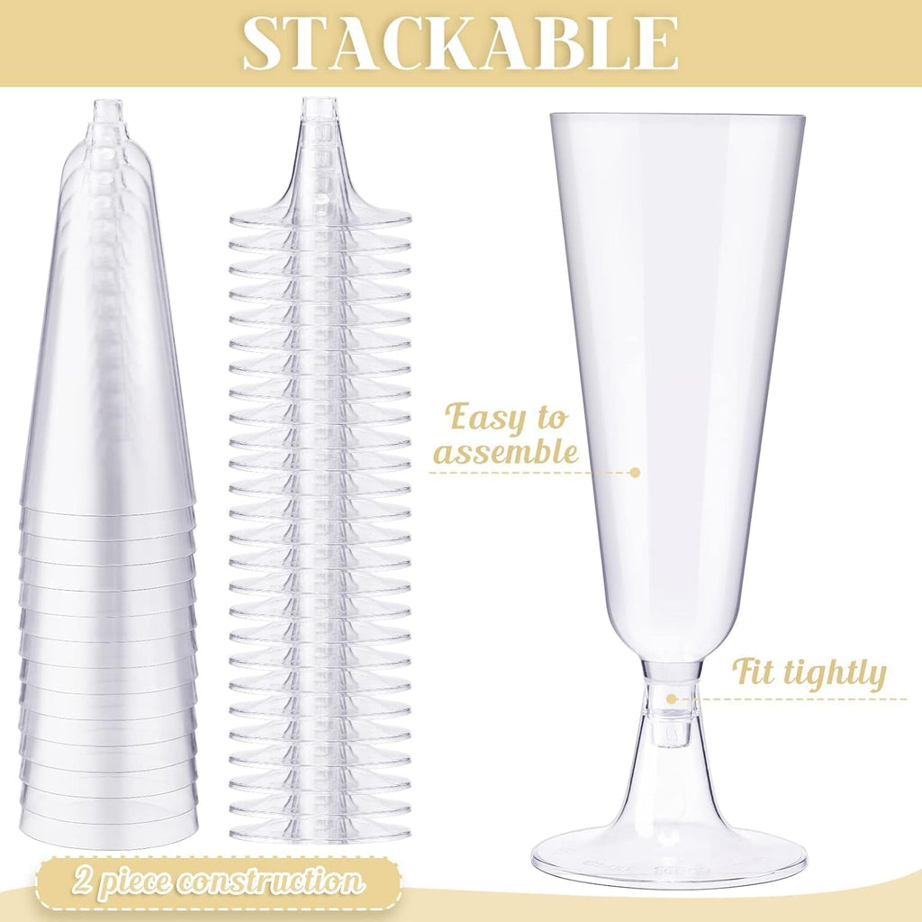 Fenhupe 50 PCS 5 oz Plastic Champagne Flutes Disposable, Clear Champagne Glasses, Easy Assemble Plastic Wine Glasses, Light Plastic Cocktail Glasses for Celebration Wedding Party