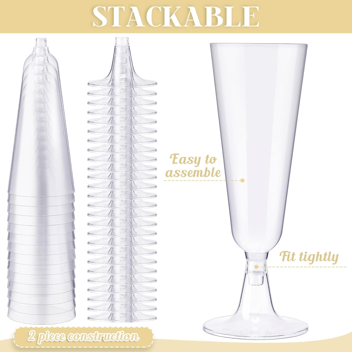Fenhupe 50 PCS 5 oz Plastic Champagne Flutes Disposable, Clear Champagne Glasses, Easy Assemble Plastic Wine Glasses, Light Plastic Cocktail Glasses for Celebration Wedding Party