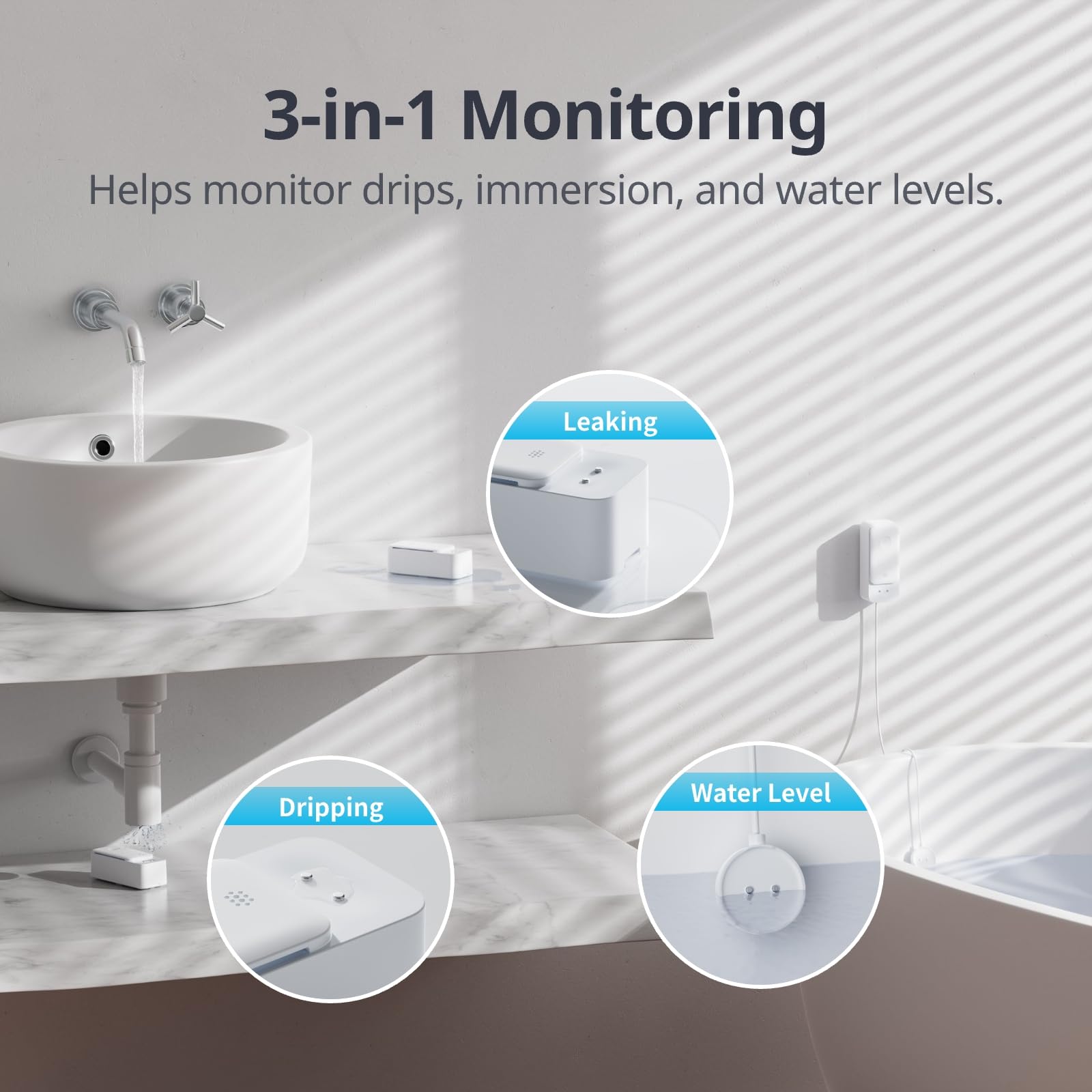 No Hub Required WiFi Water Sensor, Smart Water Leak Detector, 100dB Adjustable Alerts & App Alerts, IP67 Waterproof, Wireless Detector for Home with 1m Sensing Cable (Support 2.4G)
