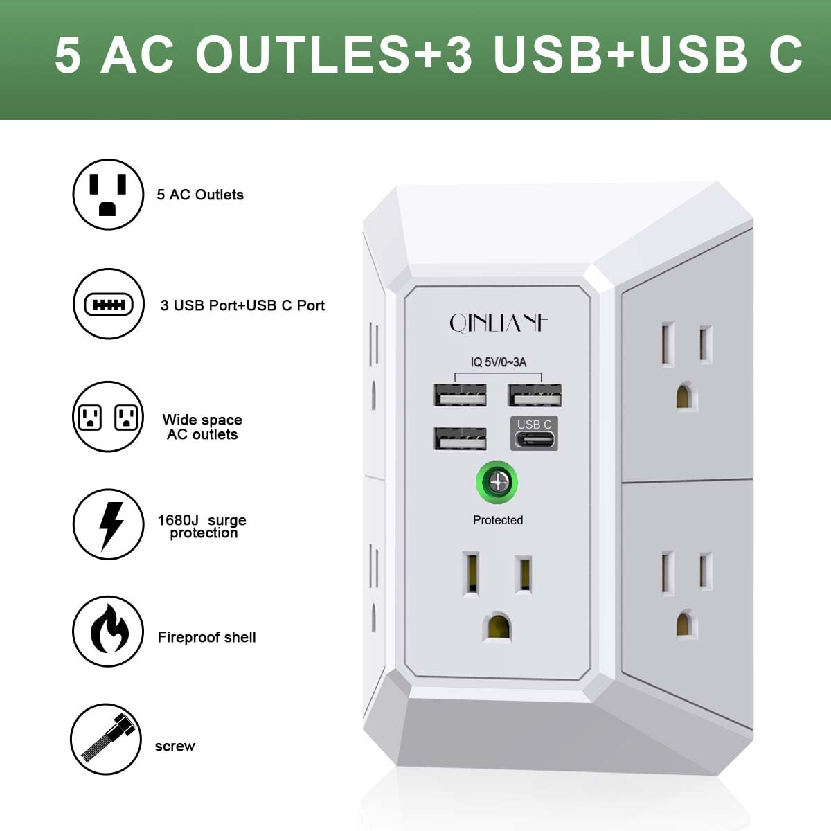 Wall Charger, Surge Protector, QINLIANF 5 Outlet Extender with 4 USB Charging Ports (4.8A Total) 3-Sided 1680J Power Strip Multi Plug Adapter Spaced for Home Travel Office (3U1C)