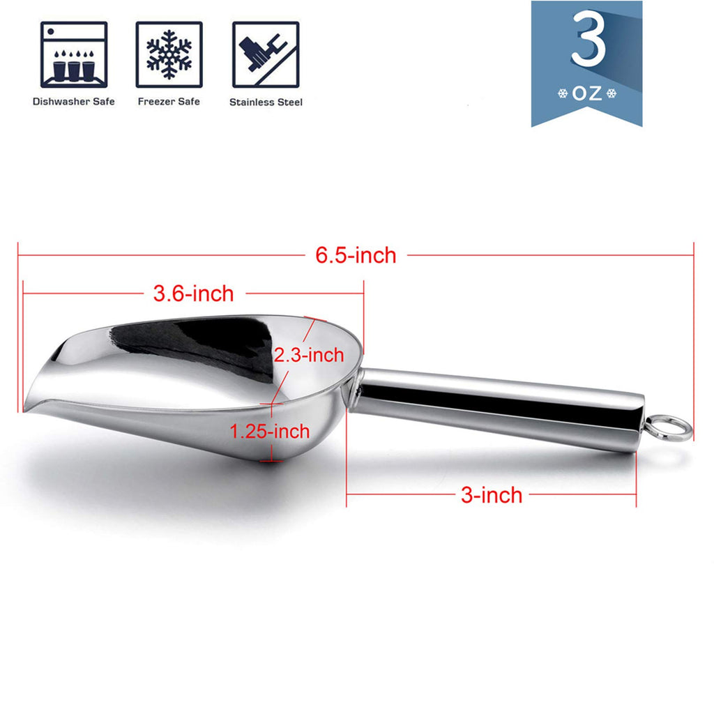 Mini Ice Scoop Set of 2, E-far 3 Ounce Stainless Steel Scoops for Ice Cube/Candy/Flour/Sugar, Metal Utility Scoops for Canisters, Baking, Kitchen Pantry, Rust Free & Dishwasher Safe