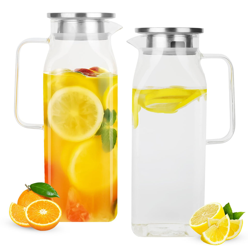 2 Pack (2 Liter 68 oz) Square Glass Pitcher with Lid and Spout, Easy Clean Heat Resistant, Borosilicate Glass Carafe for Hot/Cold Drink, Large Jug for Iced Tea, Coffee, Juice, Milk, Beverage