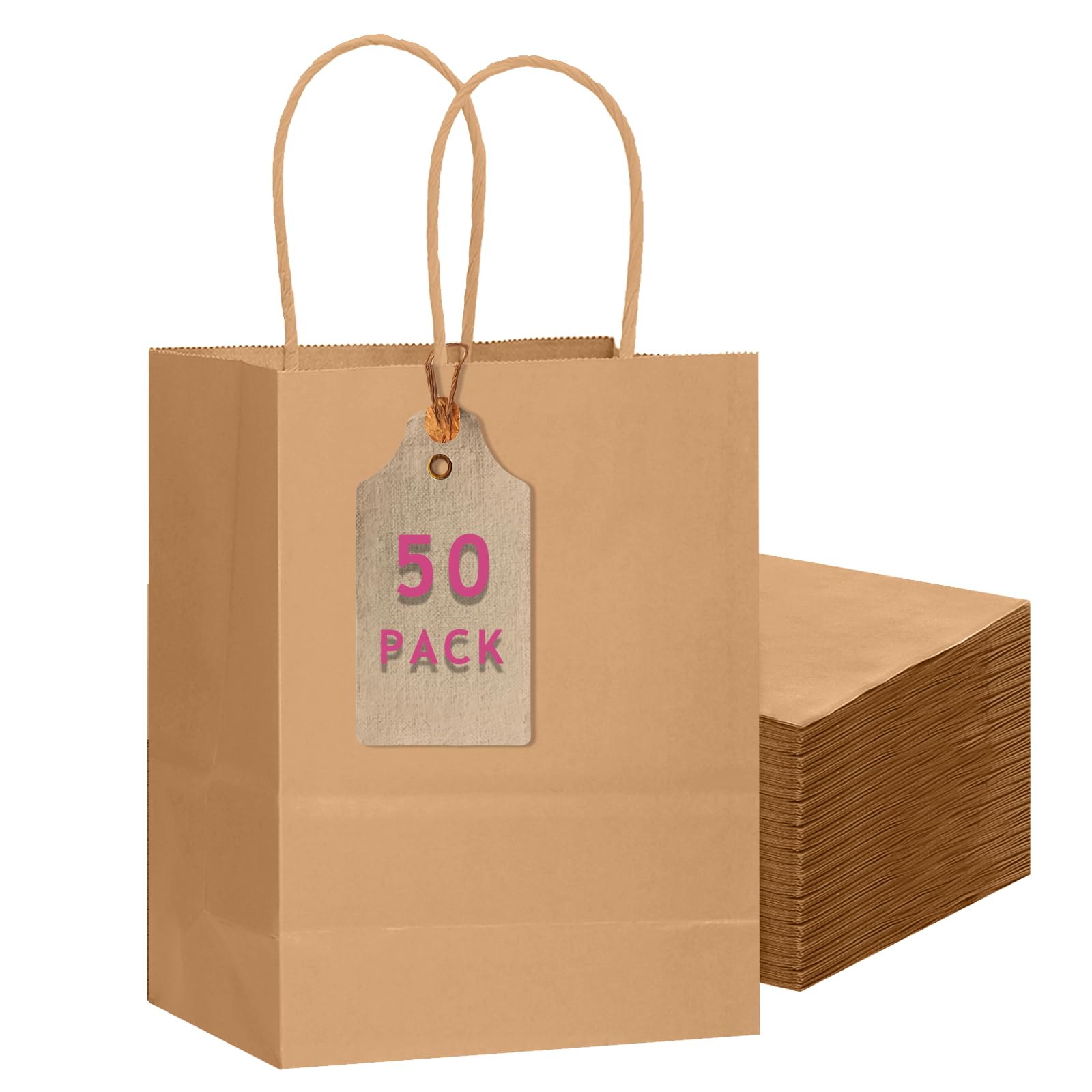 qiqee 50-Packs Brown Paper Gift Bags with Handles Bulk 11"x5"x8" Medium Size Paper Bags Multiple Uses(27x20x12cm,Medium Size)