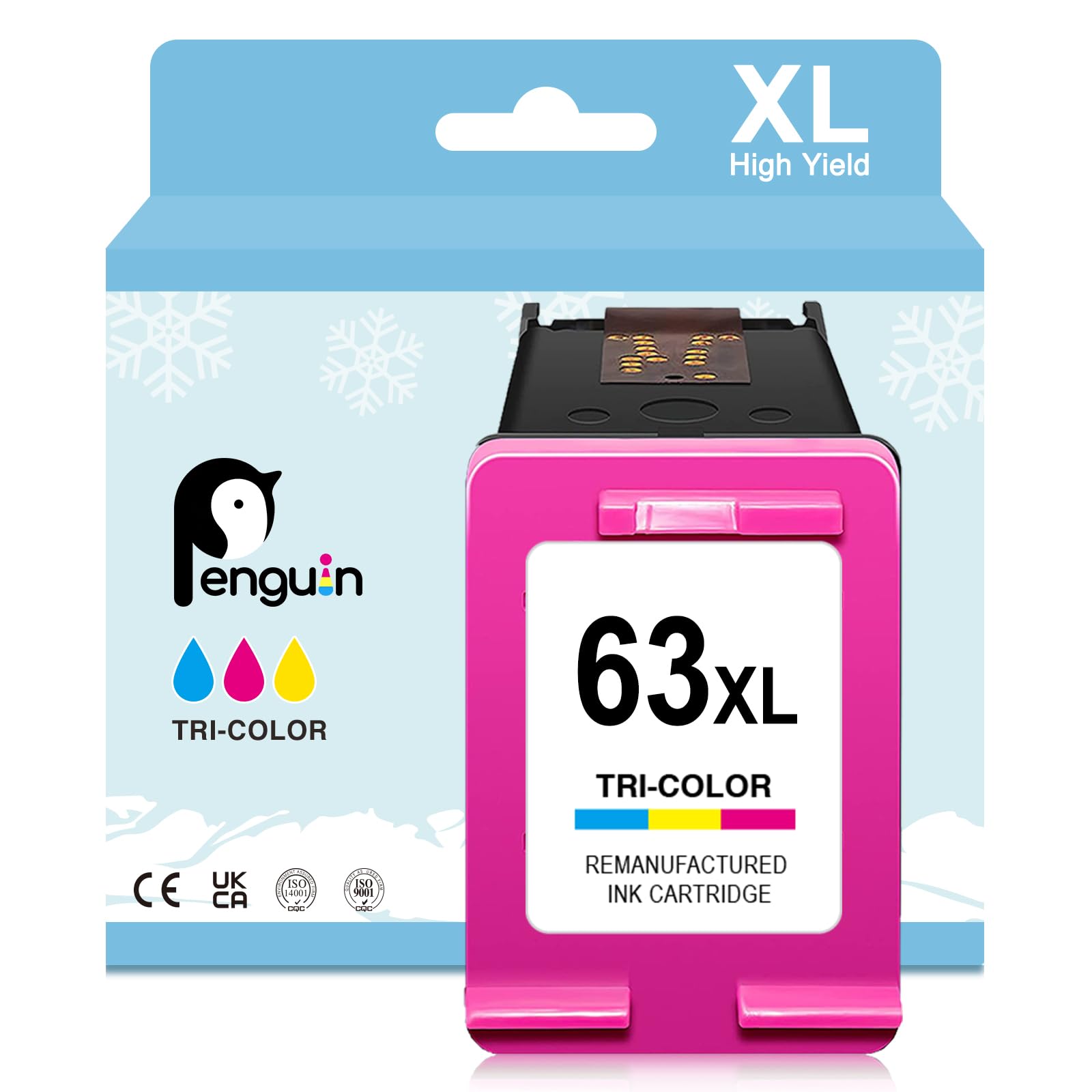 Penguin 63XL Ink Cartridge for HP Envy 4520 4516 4522 Officejet 3830 4650 3833 4512 4516 4520 4522 4655 5255 5200 Deskjet 3630 3632 2132 Printer Remanufactured 63 XL hp63 Tri-Color 1-Pack