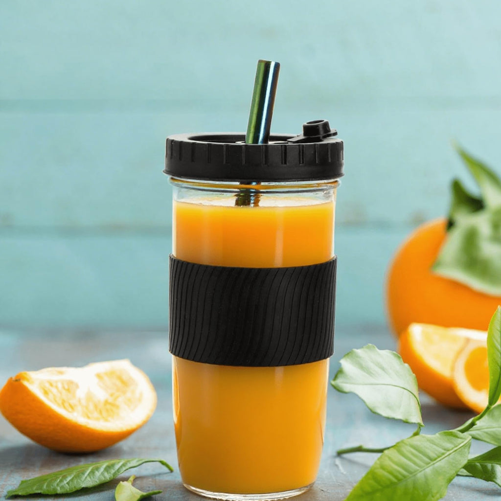 YOUEON 4 Pack 24 Oz Reusable Boba Cups with Lids and Straw, Iced Coffee Cups Glass Smoothie Cups, Mason Jar Cups with Sleeve, BPA Free, Dishwasher Safe, 2 Colors