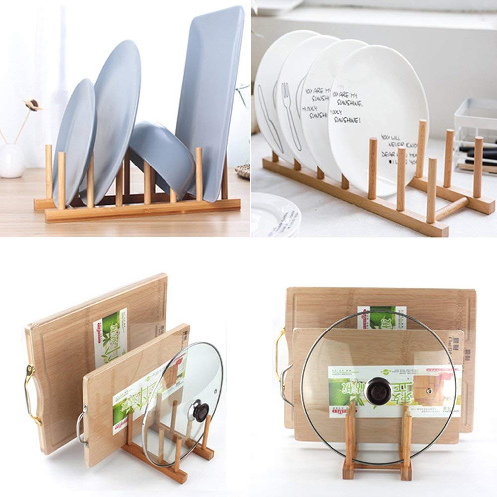 INNERNEED Bamboo Wooden Dish Rack Plates Holder Kitchen Storage Cabinet Organizer for Dish/Plate/Bowl/Cup/Pot Lid/Cutting Board (Pack of 2)