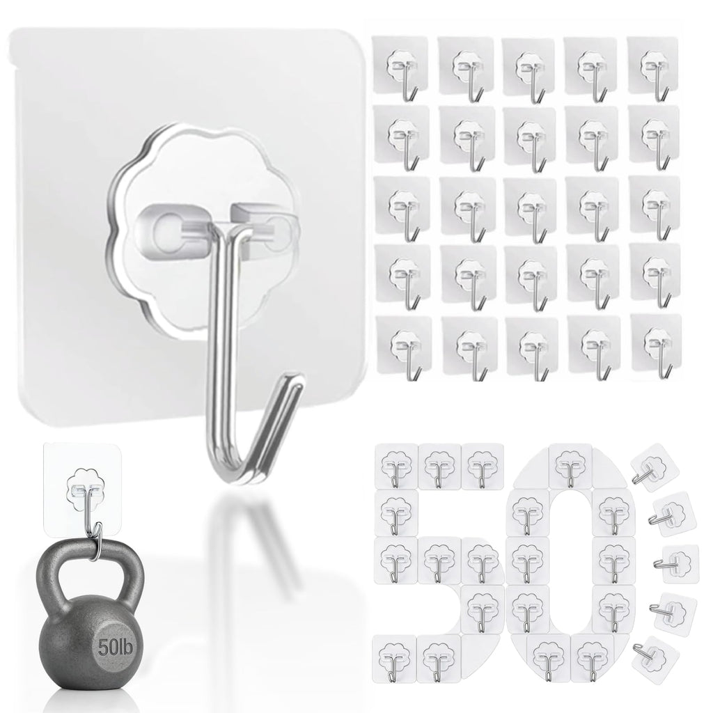 DDMY Adhesive Hooks Kitchen Wall Hooks- 50 Packs Heavy Duty 33lb(Max) Nail Free Sticky Hangers with Stainless Hooks Reusable Utility Towel Bath Ceiling Hooks
