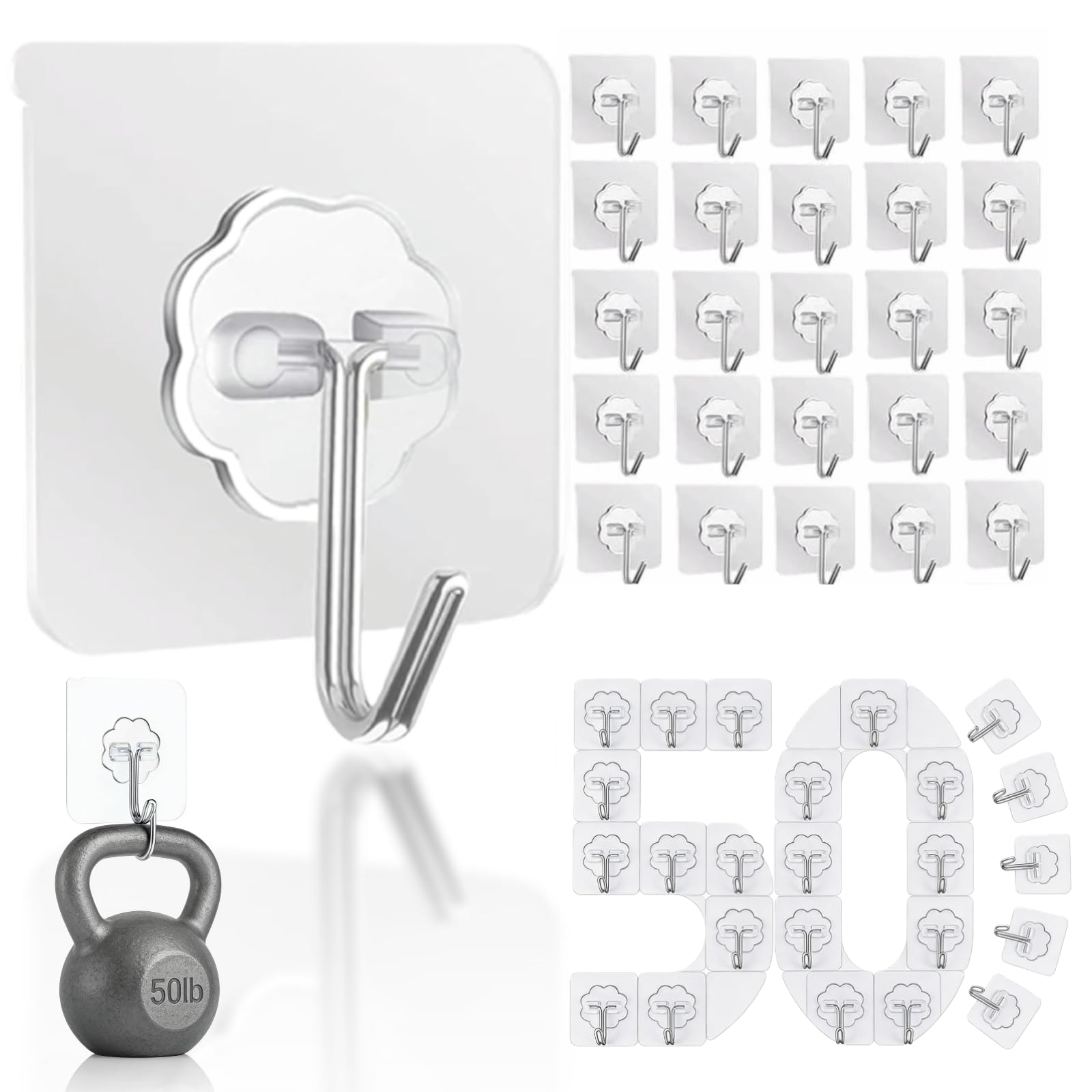 DDMY Adhesive Hooks Kitchen Wall Hooks- 50 Packs Heavy Duty 33lb(Max) Nail Free Sticky Hangers with Stainless Hooks Reusable Utility Towel Bath Ceiling Hooks