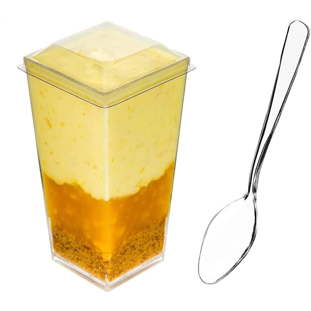 DLux 100 x 3 oz Mini Dessert Cups with Spoons and Lids,Square Tall- Clear Parfait Appetizer Cup Small Reusable Serving Bowl for Party -with Recipe Ebook