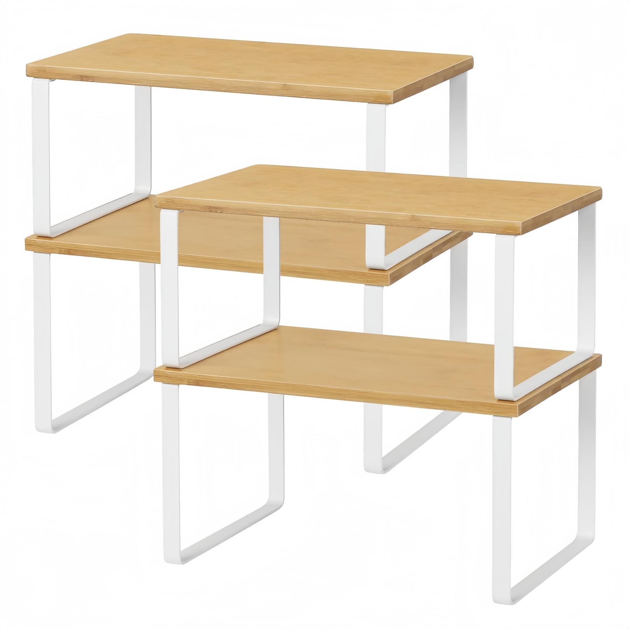 NEX Bamboo Kitchen Cabinet and Counter Shelf Organizer, Stackable & Expandable, Set of 4, White and Natural