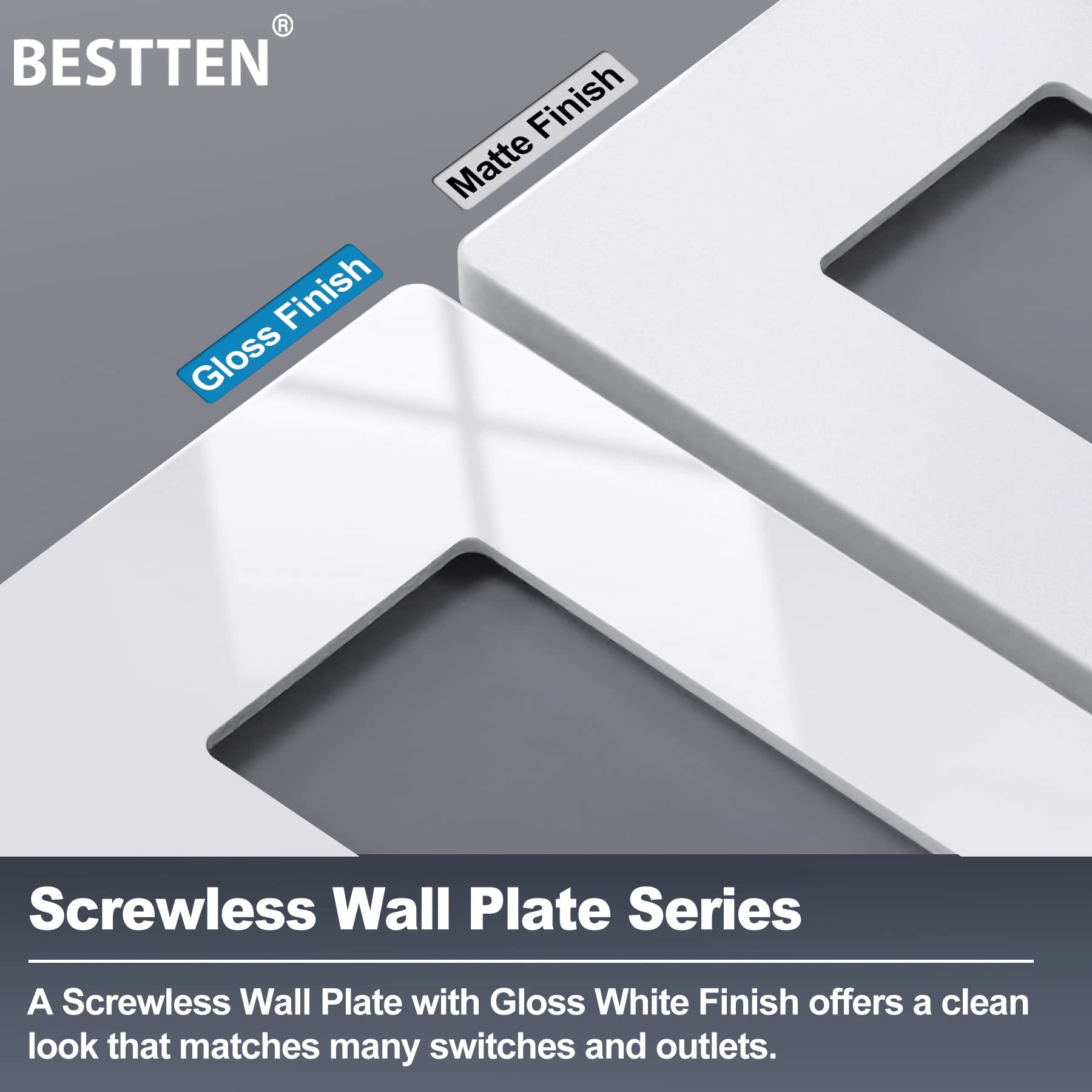 BESTTEN 5-Gang Screwless Wall Plate, USWP6 Gloss Snow White Series, Decorator Outlet Cover, 11.91cm x 25.86cm, for Light Switch, Dimmer, GFCI, USB Receptacle, cETL Listed