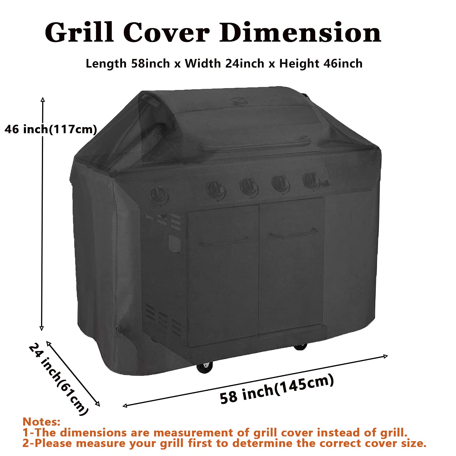 Grill Cover, BBQ Cover 58 inch,Waterproof BBQ Grill Cover,UV Resistant Gas Grill Cover,Durable and Convenient,Rip Resistant,Black Barbecue Grill Covers,Fits Grills of Weber,Brinkmann,Char-Broil etc (58 Inch)