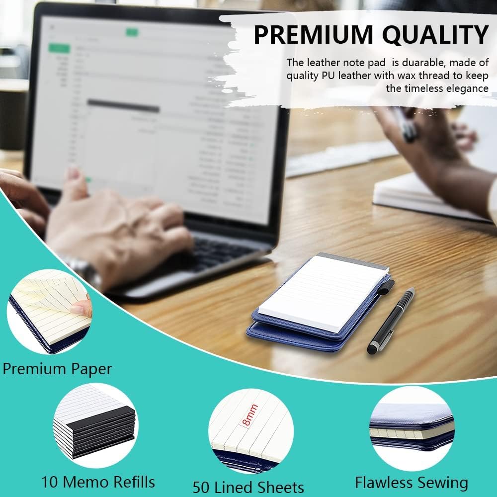 8pcs Mini Brown Black Pocket Notepad Holder Set, Small Notebook Holder with Lined Sheets, Metal Pen and 3 x 5 Inch Memo Book Refills, Lined Paper Per Note Pad