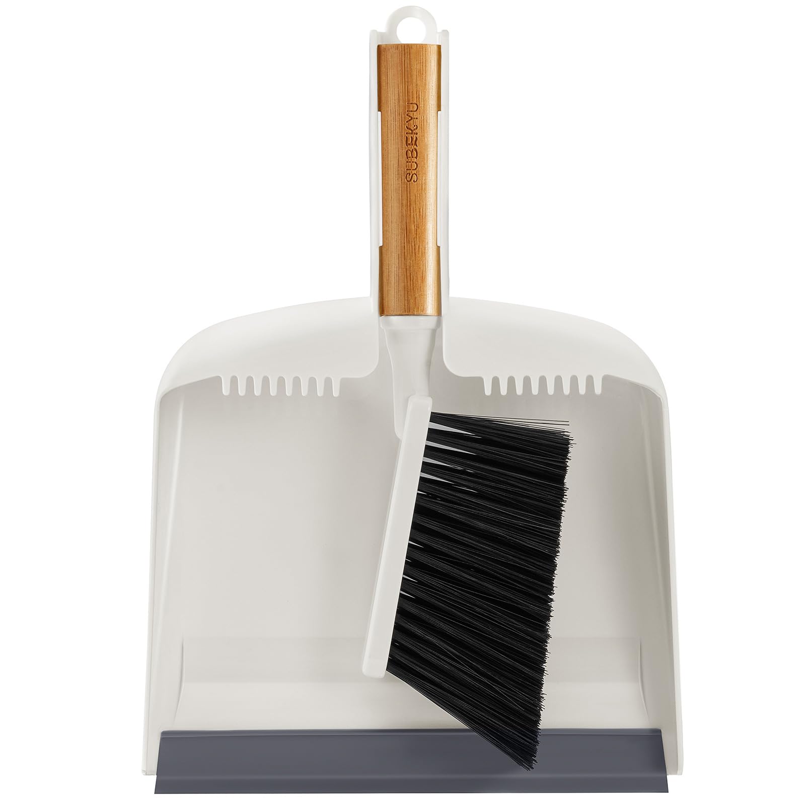 SUBEKYU Dustpan and Brush Set with Bamboo Handle, Hand Small Broom and Dustpan Set for Kitchen/Desktops/Bedroom, White, 1 Set