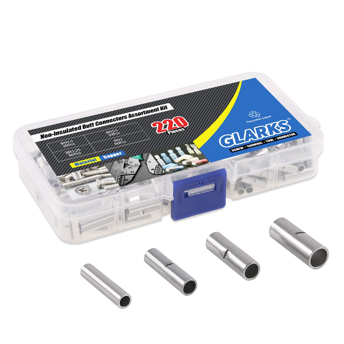 Glarks 220Pcs Non-Insulated Butt Connectors Assortment Kit, 22-16/16-14/14-12/12-10 AWG Gauge Seamless Uninsulated Electrical Wire Ferrule Cable Crimp Terminal Kit for Electrical Splice DIY
