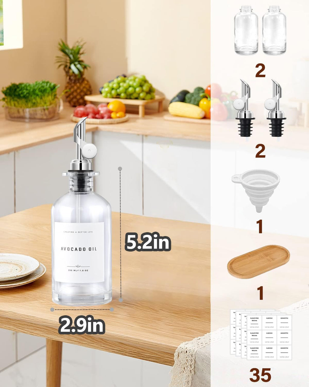 Wexlerey Olive Oil Dispenser Bottle with Bamboo Tray, Oil and Vinegar Dispenser Set w.Metal Pour Spout, Coffee Syrup Dispenser, Oil Container Bottles for Kitchen