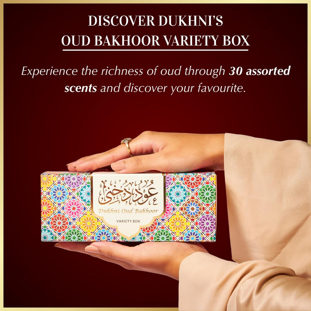 Oud Bakhoor Variety Box by Dukhni | Assorted Box | 30 Pieces Bukhoor | Gift Set & Refill Kit | Arabic Bakhoor Incense | Perfect for Ramadan Prayer and Gifting | Luxurious, Long Lasting