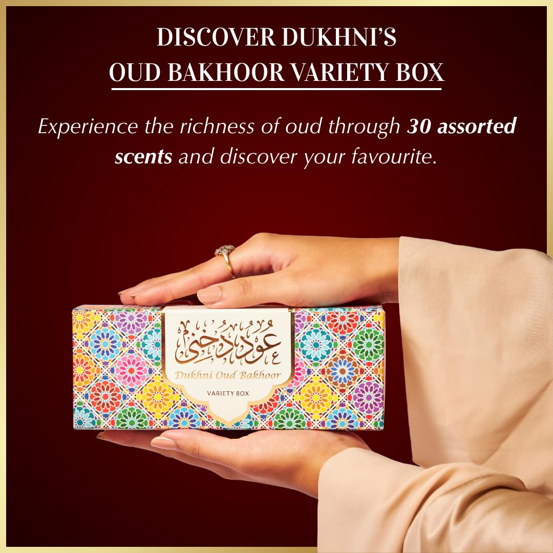 Oud Bakhoor Variety Box by Dukhni | Assorted Box | 30 Pieces Bukhoor | Gift Set & Refill Kit | Arabic Bakhoor Incense | Perfect for Ramadan Prayer and Gifting | Luxurious, Long Lasting