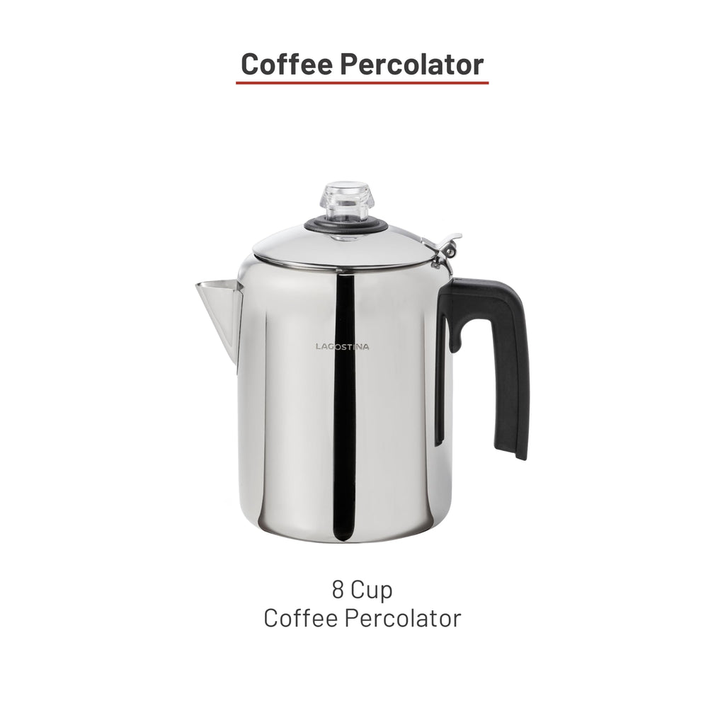Lagostina Stainless Steel Coffee Percolator, 8-Cup Stovetop Coffee Maker, Durable 18/10 Stainless Steel, Permanent Mesh Filter, Drip-Free Spout, silver