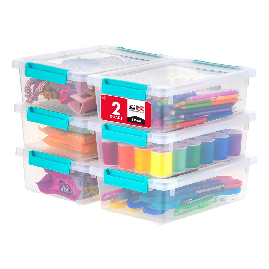 IRIS USA 2.3 L Storage Bins with Lids for Craft Storage, 6-Pack, Plastic Stackable Sensory Bin Organizer Container Clip Box for Art Craft Scrapbook Home Office Stationery Journaling Supplies, Clear