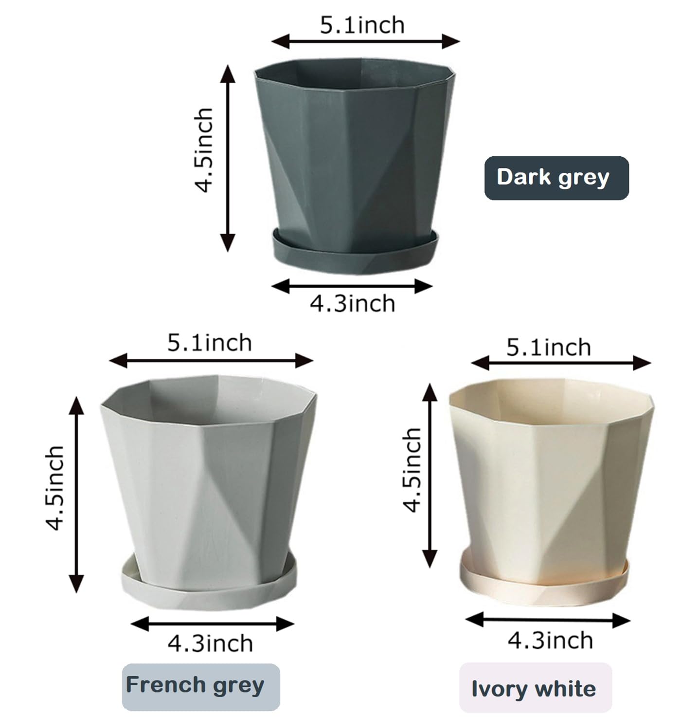 XINHUISHQZ 5 Inch Plant Pots, 6 Pack Plastic Planters Modern Flower Pot with Drainage Holes and Saucers for All House Plants, Herbs, Flowers and Seeding Nursery (5inch-6pcs)