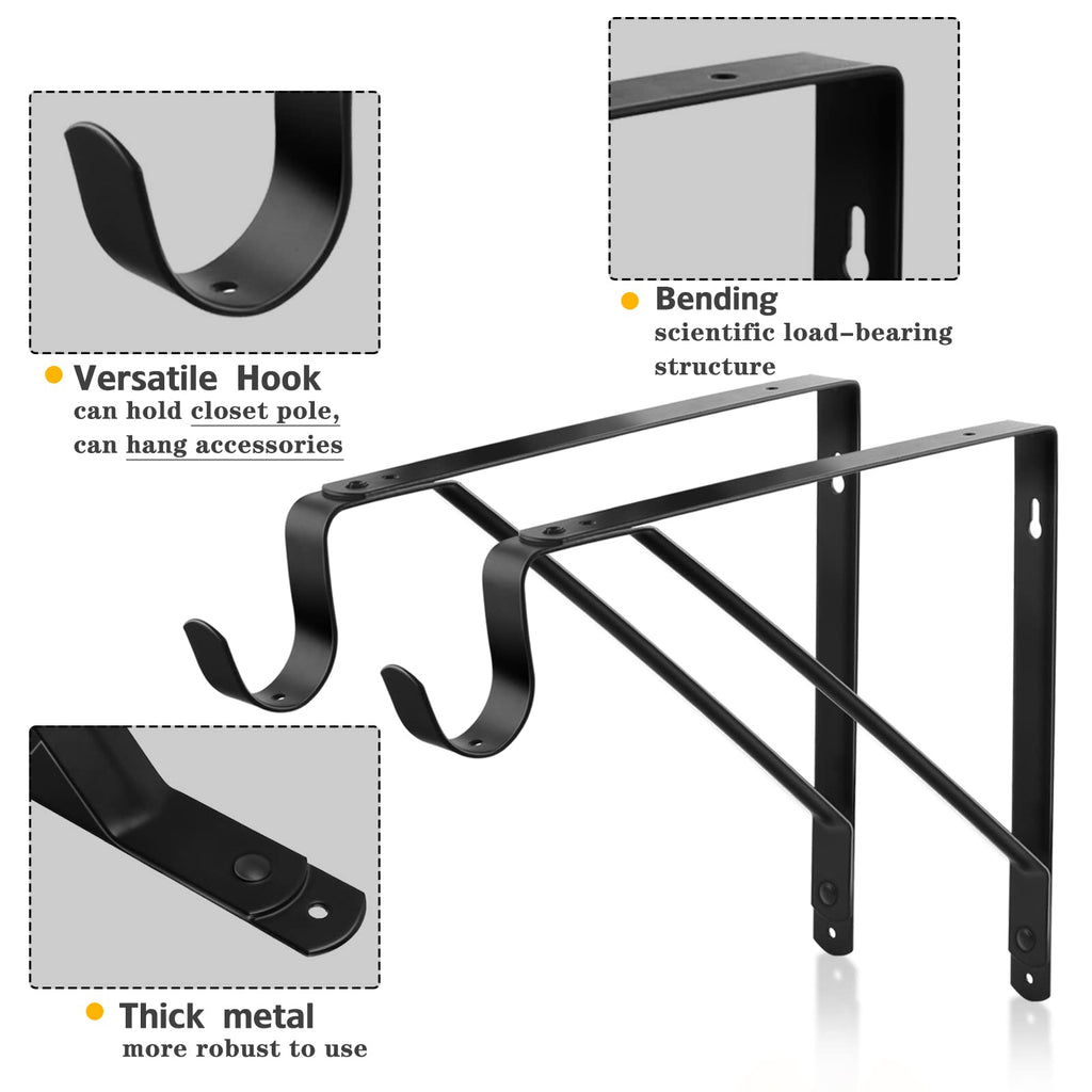 Closet Rod Bracket, Heavy Duty Shelf Bracket with Rod Holder, 10.9X 10.2 inch Black Closet Rod Support Wall Mounted Clothes Hanger Pole Support Hooks, 2 Pack