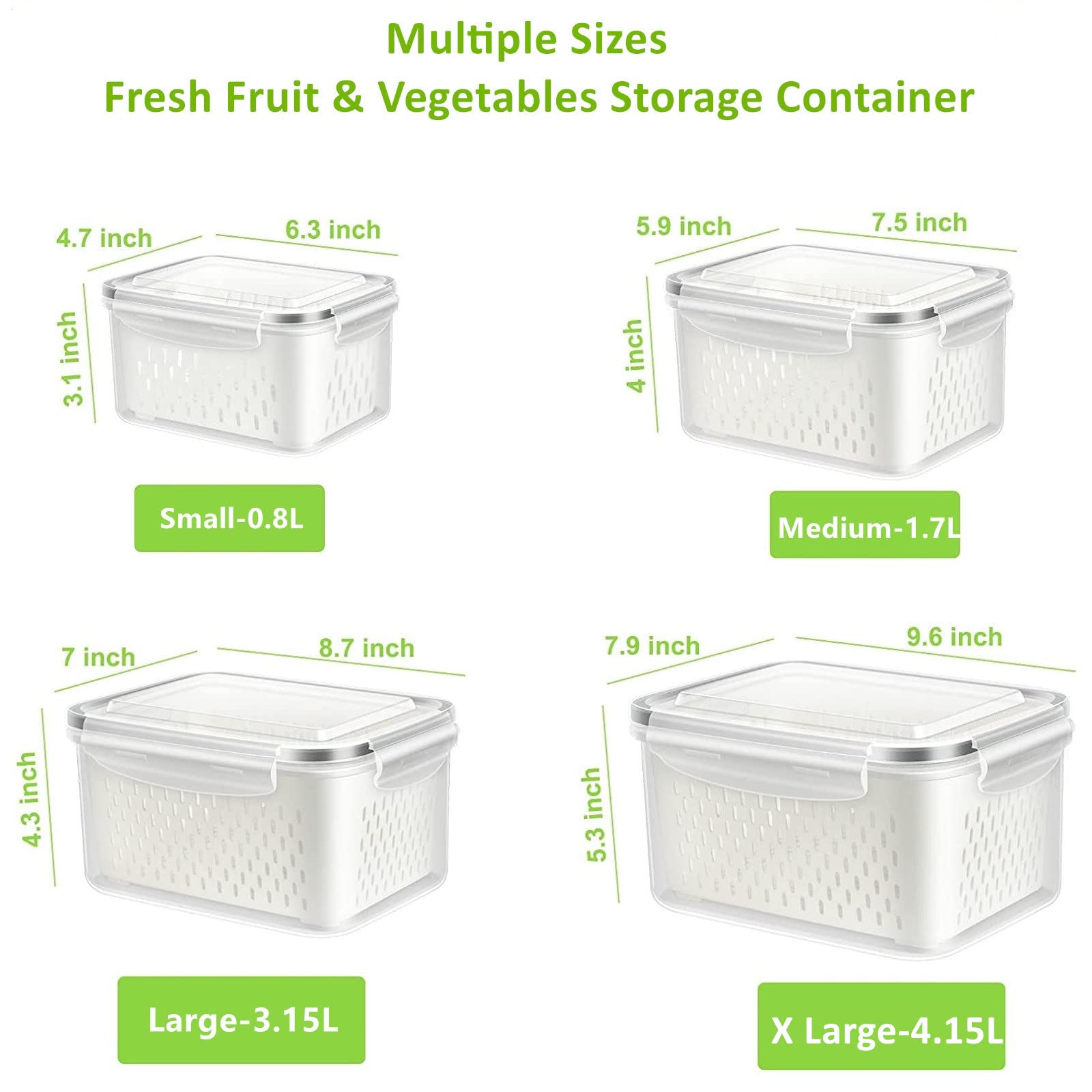 Fresh Food Storage Containers, 4 Pack Large Capacity Produce Saver Box with Drain Baskets & Lid for Vegetable and Fruit - BPA Free Stackable Refrigerator Organizer for Kitchen (0.8L+1.7L+3.15L+4.15L)