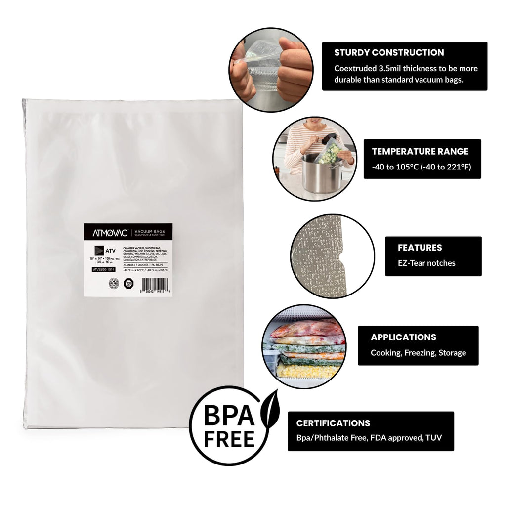 Atmovac ATVSB Channeled Vacuum Sealer Bags for Sous Vide 10" x 14" – 100 Bags – -40°F to 221°F – For Chamber & External Sealers – BPA-Free Food Storage