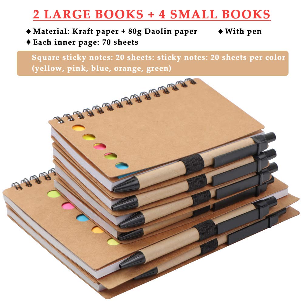 6PCS Lined Spiral Notebook Kraft Paper Cover Notepad with Pen in Holder, Memo Notebook with Sticky Notes Colored Index Tabs Notebook Pen Tab for Adult, Kids, Home, Office, School