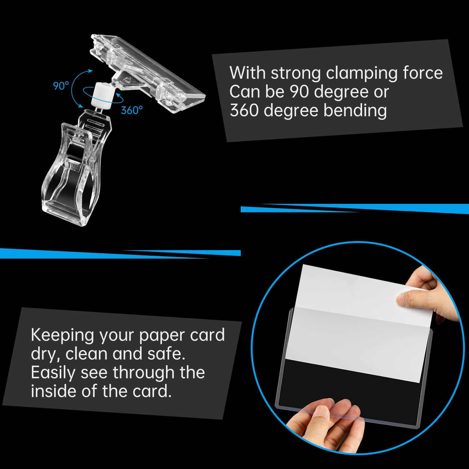 SIYOMG Plastic Sign Holder Clip, 15 Pack Double Head Rotating Clip On POP Swivel Sign Holding Clamp with Card Protector, Merchandise Sign Display Clip for Business Store Supermarket Office Exhibition