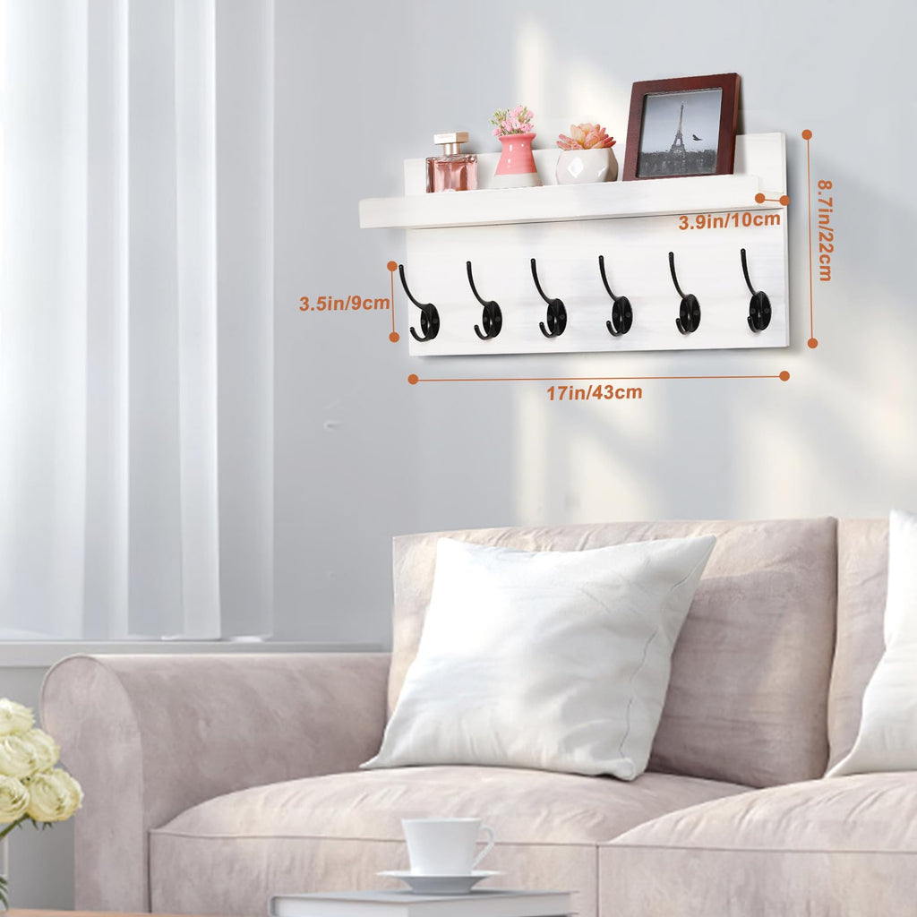 HRONRAD Shelf with Hooks, Coat Rack Wall Mount with 6 Double Metal Hooks, 17 Inch Farmhouse Wall Hooks with Shelf, for Entryway, Bathroom, Kitchen, White