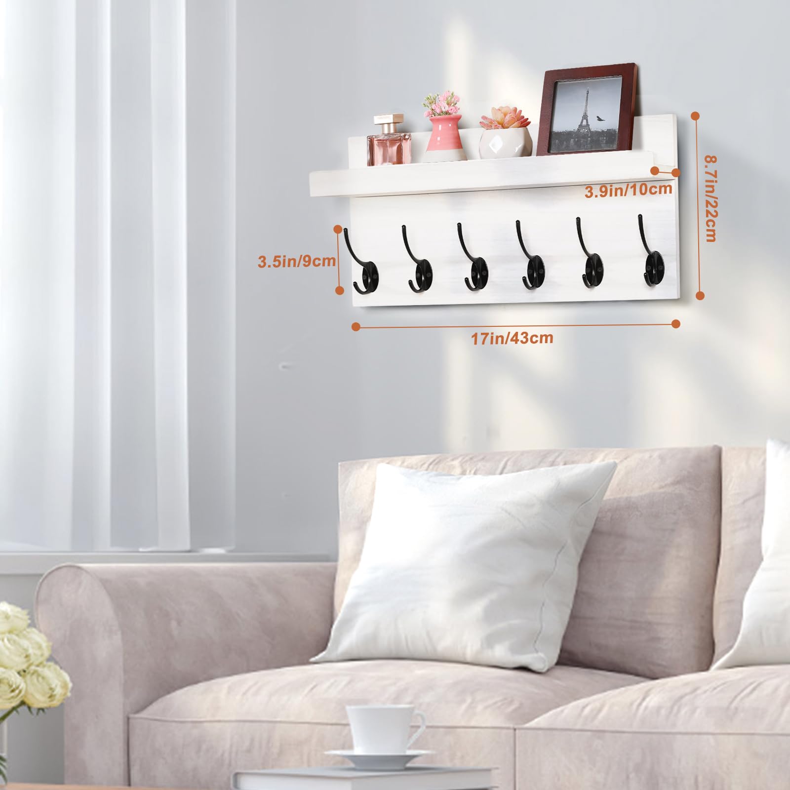 HRONRAD Shelf with Hooks, Coat Rack Wall Mount with 6 Double Metal Hooks, 17 Inch Farmhouse Wall Hooks with Shelf, for Entryway, Bathroom, Kitchen, White