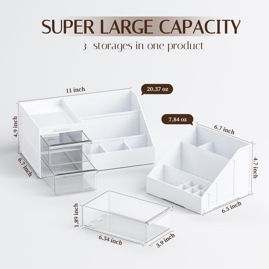 Makeup Organizer, Large Capacity Organizers, Make Up Organizers and Storage with Drawers, Makeup Organizer for Vanity for Makeup Brush, Nail Polish and Beauty Supplies White & Clear