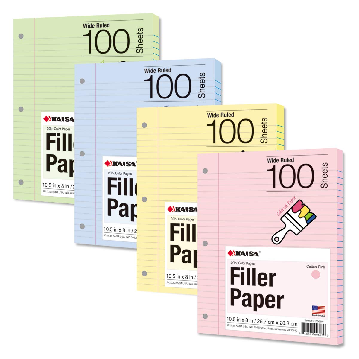 Kaisa Filler Paper Colored Loose Leaf Paper, Wide Ruled, 8x10.5in Colored and 3-Hole Punched for 3-Ring Binders, 100Sheets/Pack, 4-Pack, FC10001W