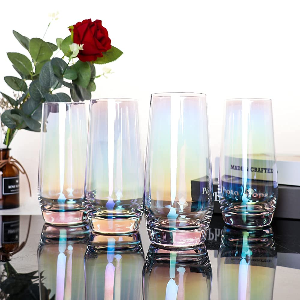 Swetwiny Colorful Highball Glasses, 18.5 Ounce Iridescent Glassware Set of 4 Lead-Free Crystal Glassware Drinking Glasses Set for Mixed Drinks, Water, Juice, Beer, Cocktail