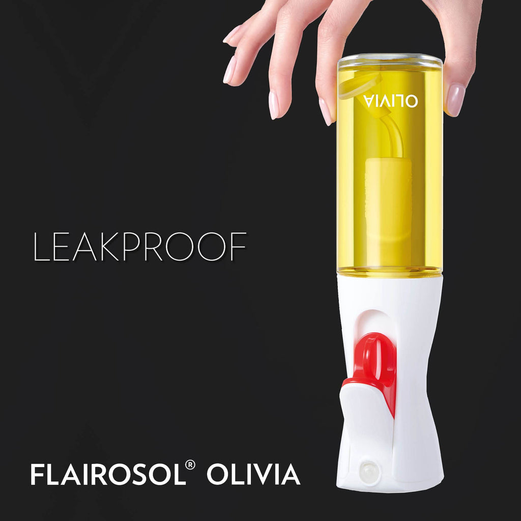 FLAIROSOL OLIVIA. The Original, Oil Sprayer for Cooking, 130ml Olive Oil Mister Spray Bottle, Continuous Spray Bottle for Kitchen, Cooking, Baking, Salad, BBQ (Glass Bottle, White Print)